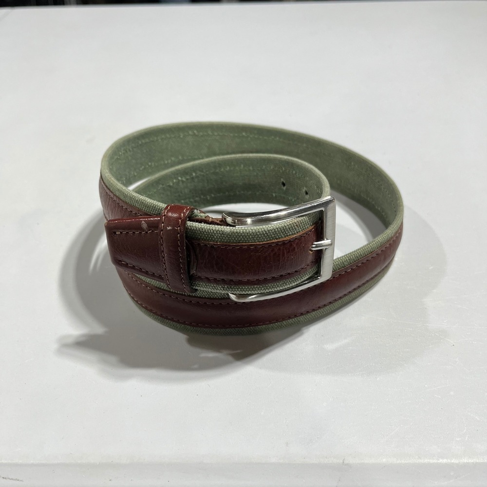 Vera Pelle Mens Made in Italy Canvas Leather Belt Green Brown Classic Old Money